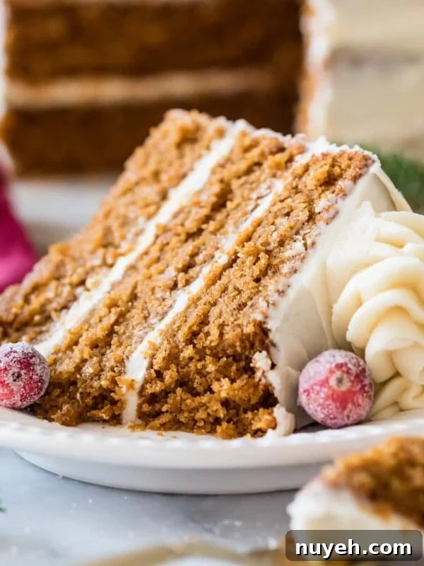 Slice of gingerbread layer cake topped with cream cheese frosting and sugared cranberries.