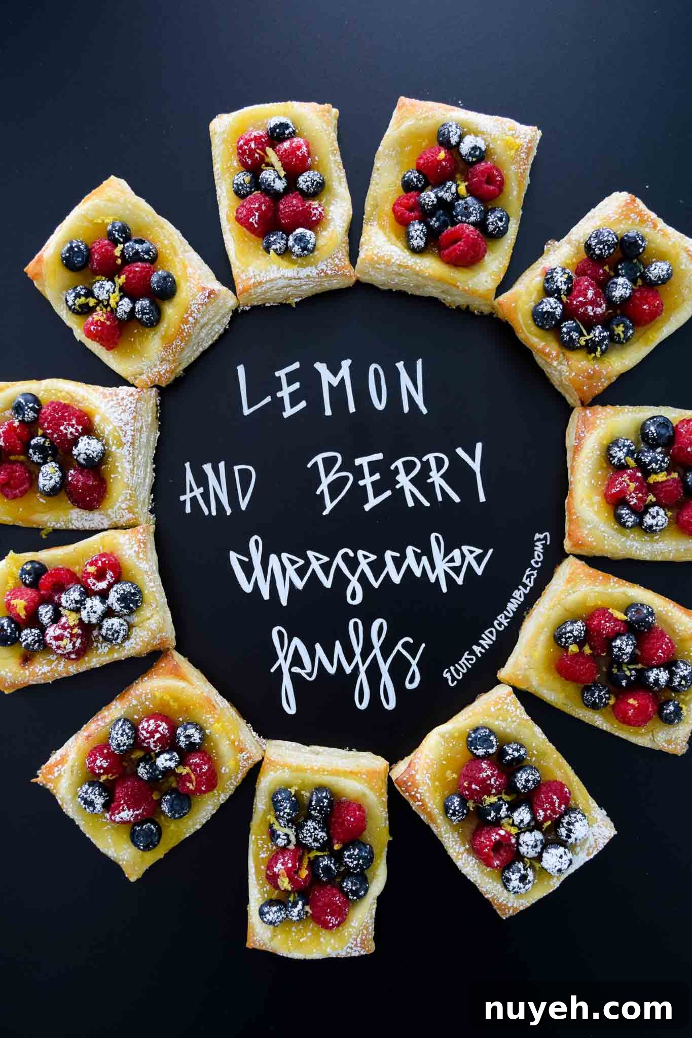 Lemon and Berry Cheesecake Puffs with title written on chalkboard