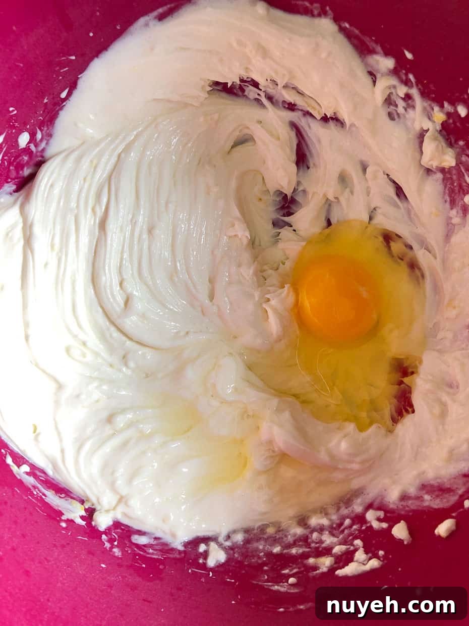 Cheesecake mixture in bowl with egg to be mixed