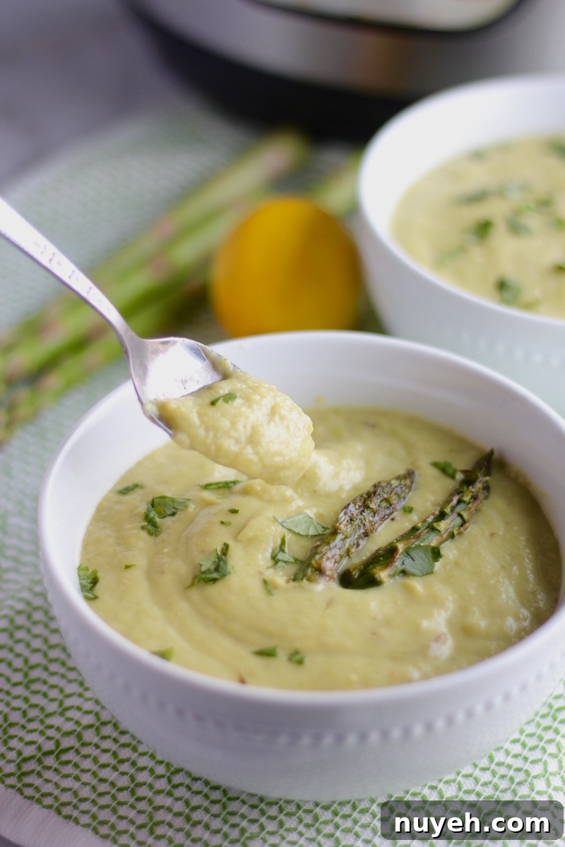 Instant Pot Roasted Asparagus Soup: AIP Paleo Recipe 6 Instant Pot Roasted Asparagus Soup (AIP, Paleo) - a delicious dairy-free soup featuring roasted asparagus, cauliflower, white sweet potato, lemon, and coconut milk!