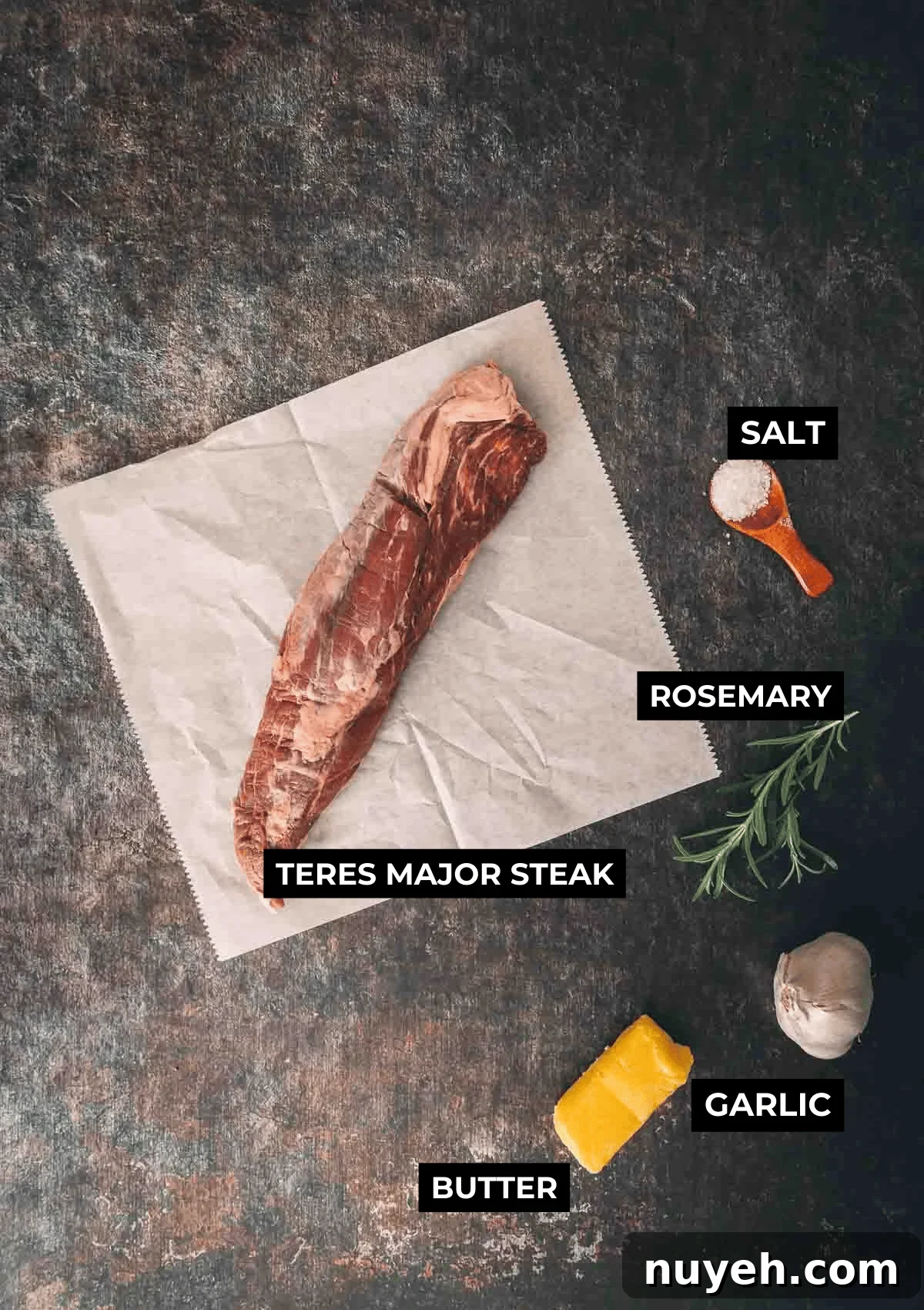 Ingredients for cooking teres major steak. 