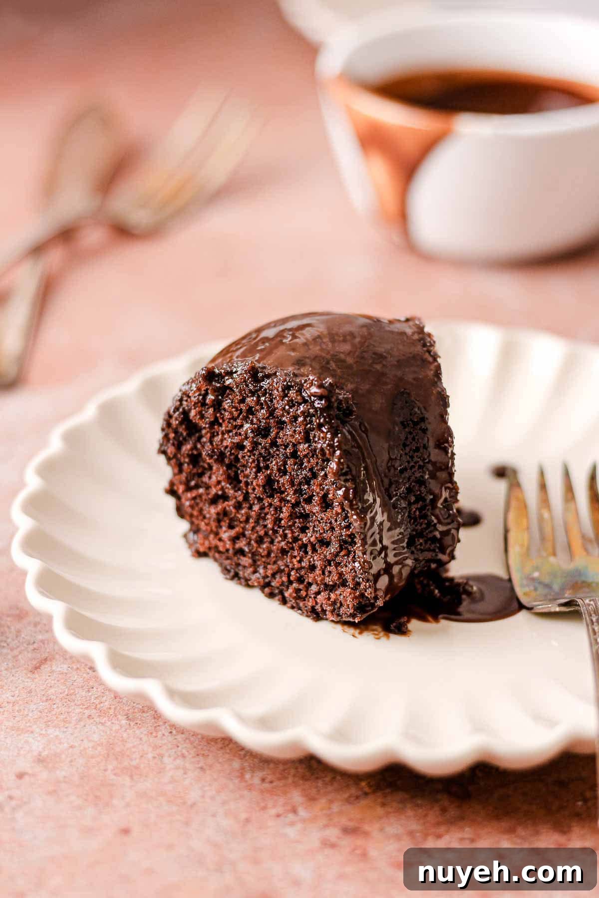 Decadent Chocolate Peanut Butter Bundt Cake Recipe 2 slice of chocolate bundt cake on a white plate for baking blog