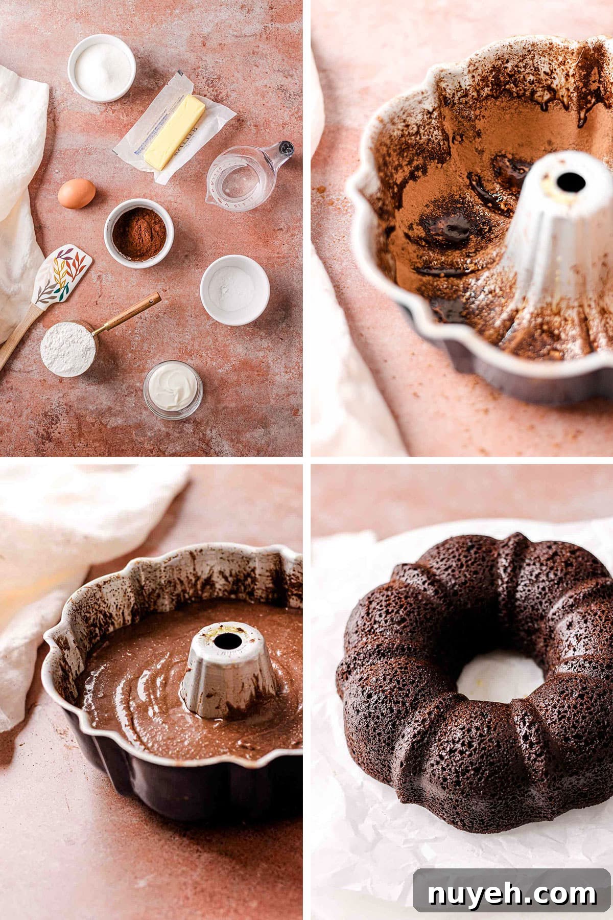 Decadent Chocolate Peanut Butter Bundt Cake Recipe 4 process photos of chocolate bundt cake with ingredients, bundt cake pan and chocolate batter