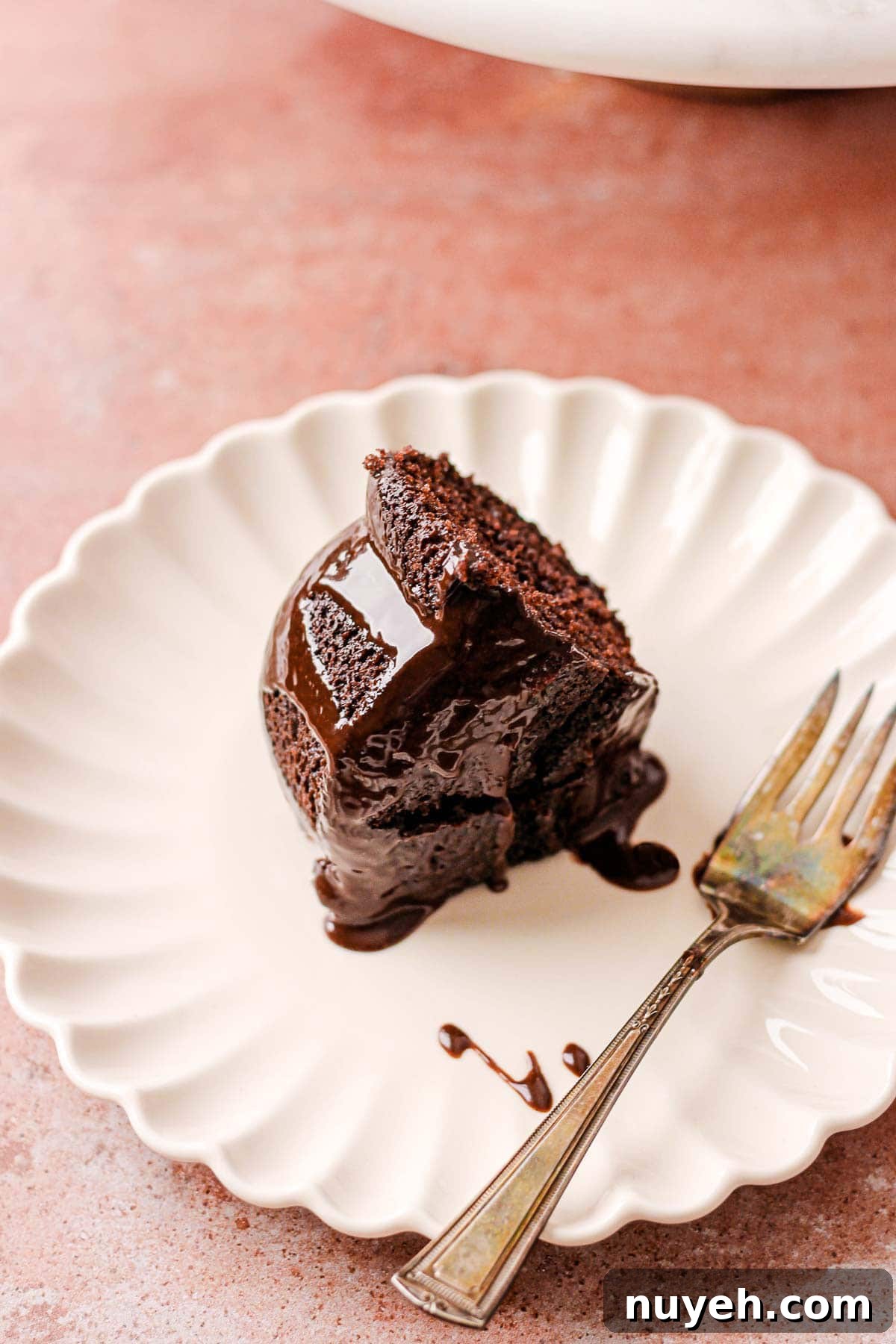 Decadent Chocolate Peanut Butter Bundt Cake Recipe 6 slice of chocolate bundt cake on a white plate for baking blog