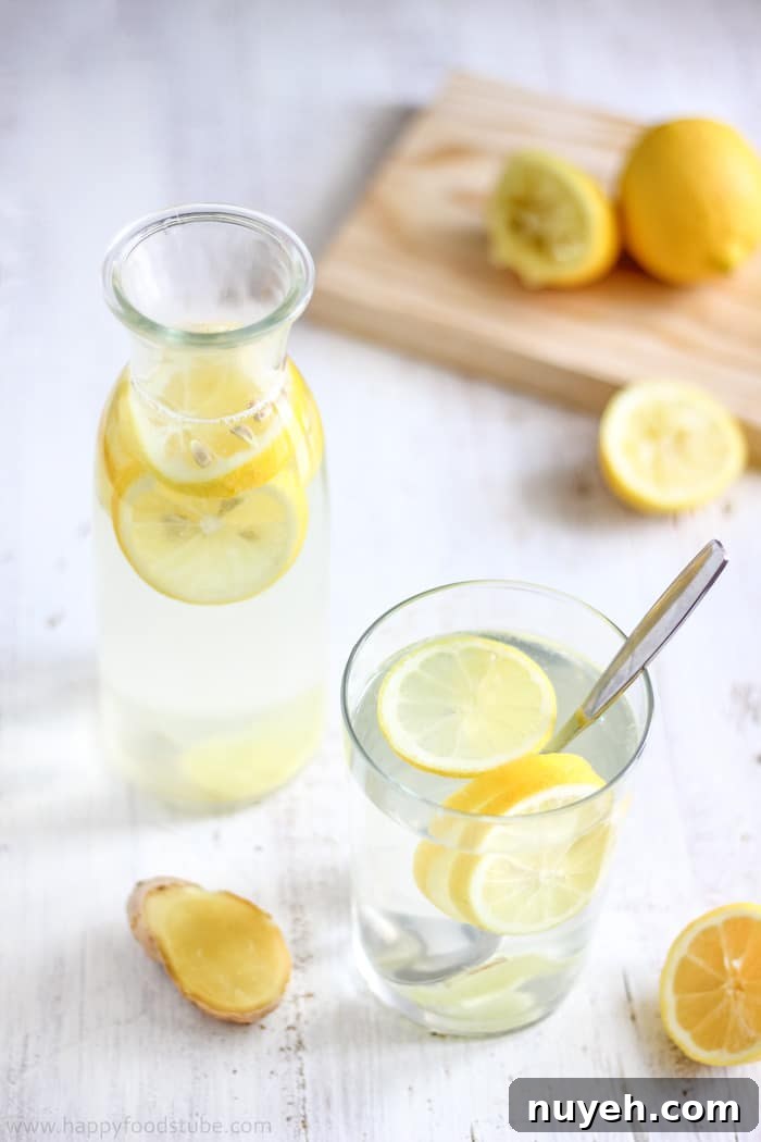 Glass and carafe of infused water with lemon slices, ginger root and a spoon for stirring.