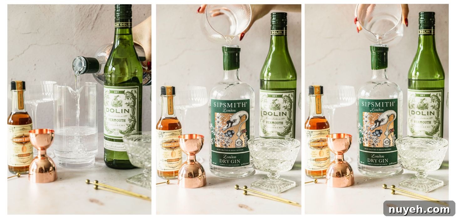 Three steps to making freezer door martinis. In photo 1, a hand pours gin into a mixing glass on a beige counter next to a bottle of vermouth, bitters, and copper jigger. In photo 2, a hand pours vermouth into the bottle of gin. In photo 3, a hand pours water into the bottle of gin.