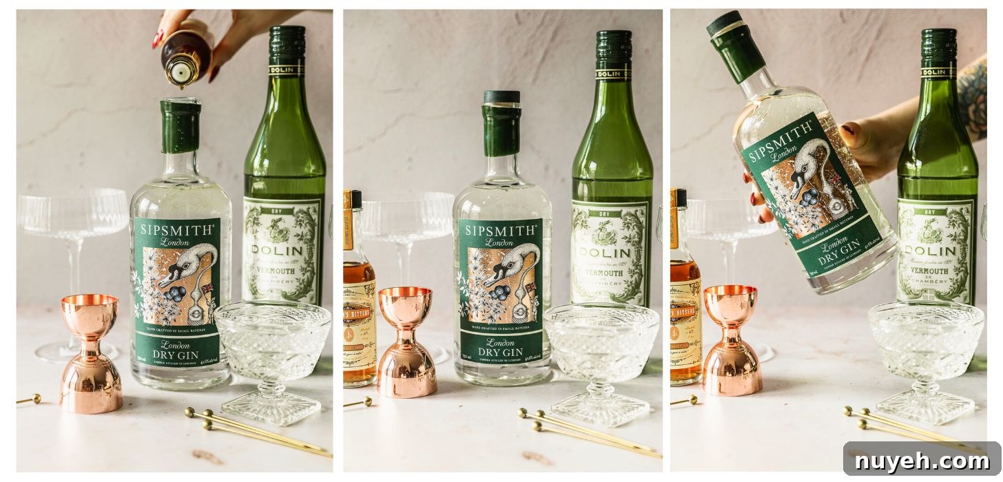 Three steps to making bottled cocktails. In photo one, a hand pours bitters into a bottle of gin on a beige counter next to a bottle of vermouth, cocktail glass, and copper shot glass. In photo 2, the bottle of gin is corked. In photo 3, a hand shakes the bottle of gin.