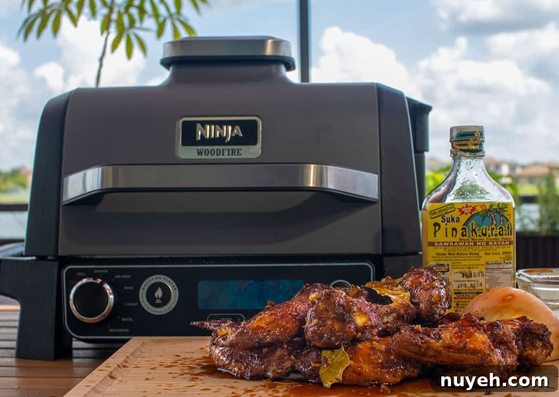 Adobo Style Chicken Wings in front of a Ninja Woodfire Grill.