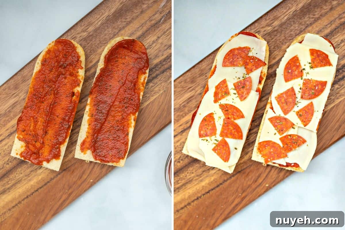 Side by side photo showing adding pizza sauce and cheese to toasted french bread.