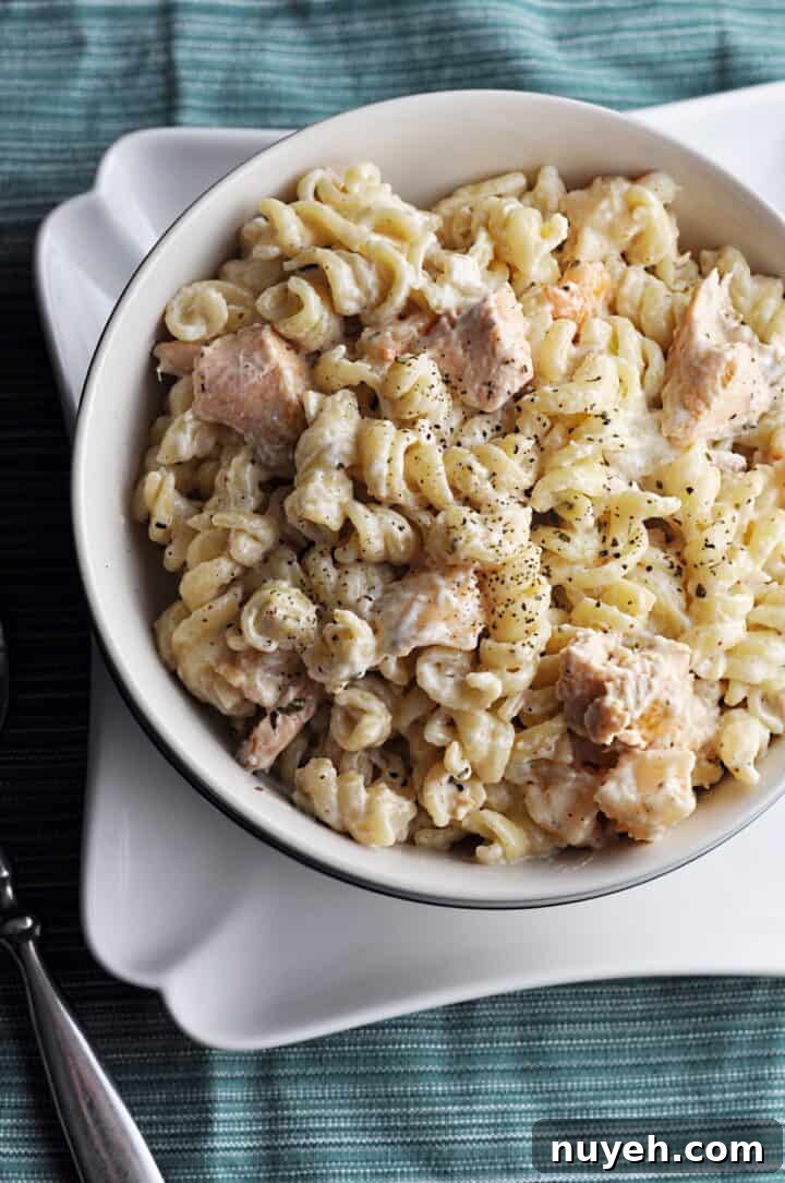 Creamy Salmon and Shrimp Pasta with Lemon Garlic Sauce 4 Salmon with pasta and shrimp in bowl overhead