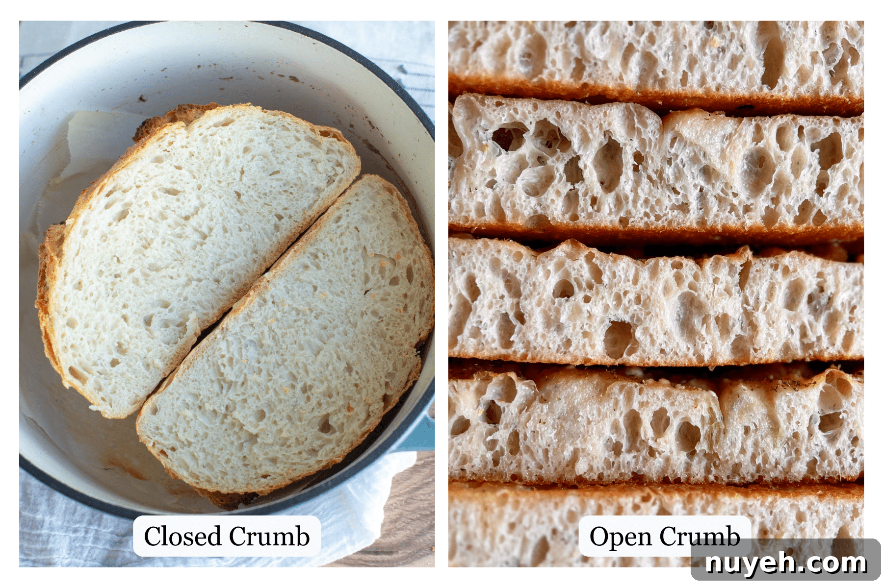 Two images showing a closed crumb and an open crumb bread.