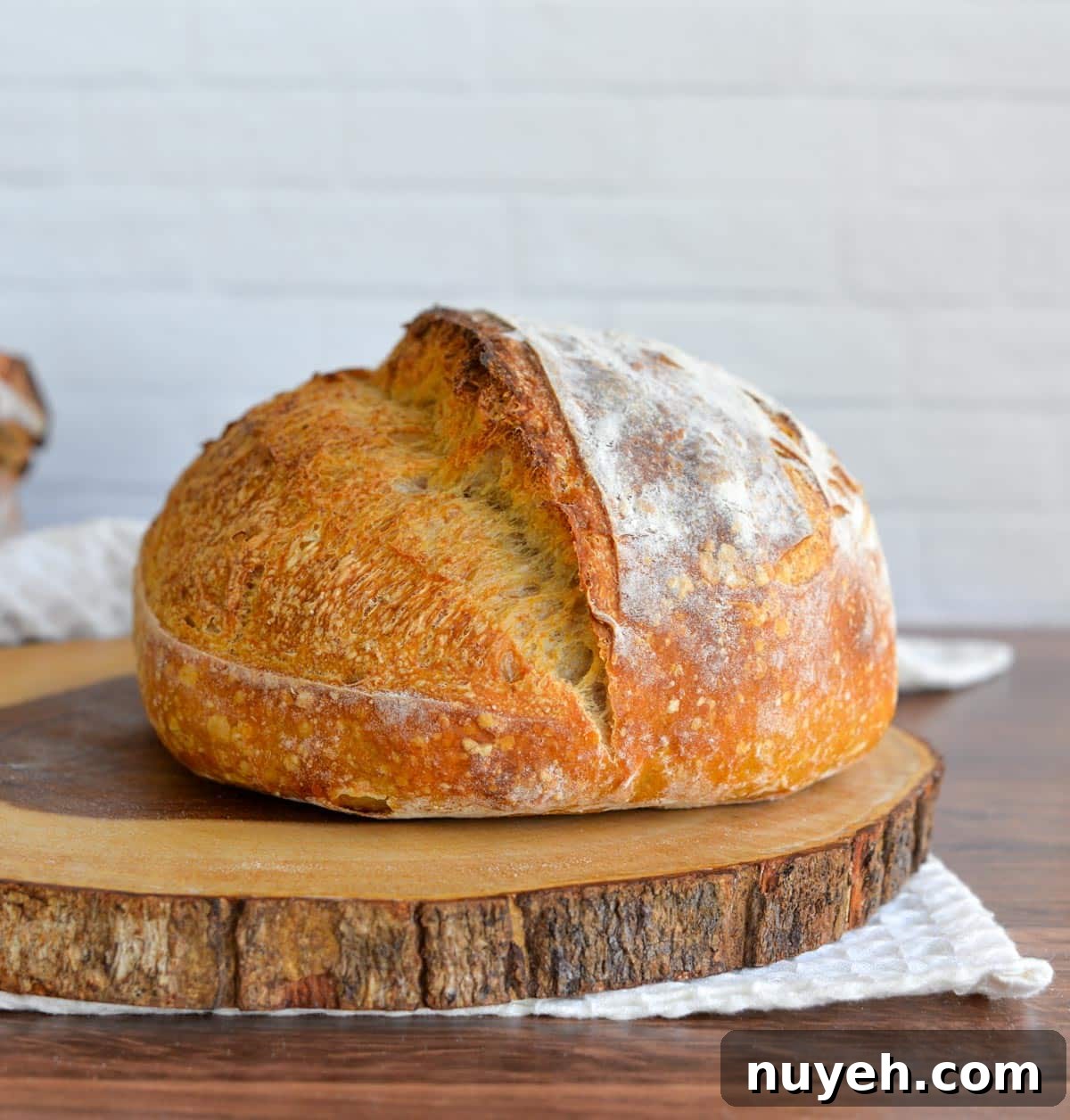 Sourdough loaf sitting on a countertop.