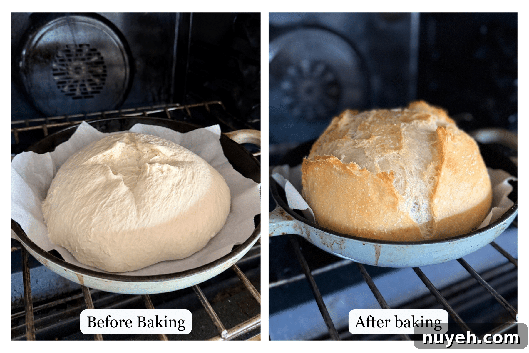 A loaf before baking and a loaf after baking.