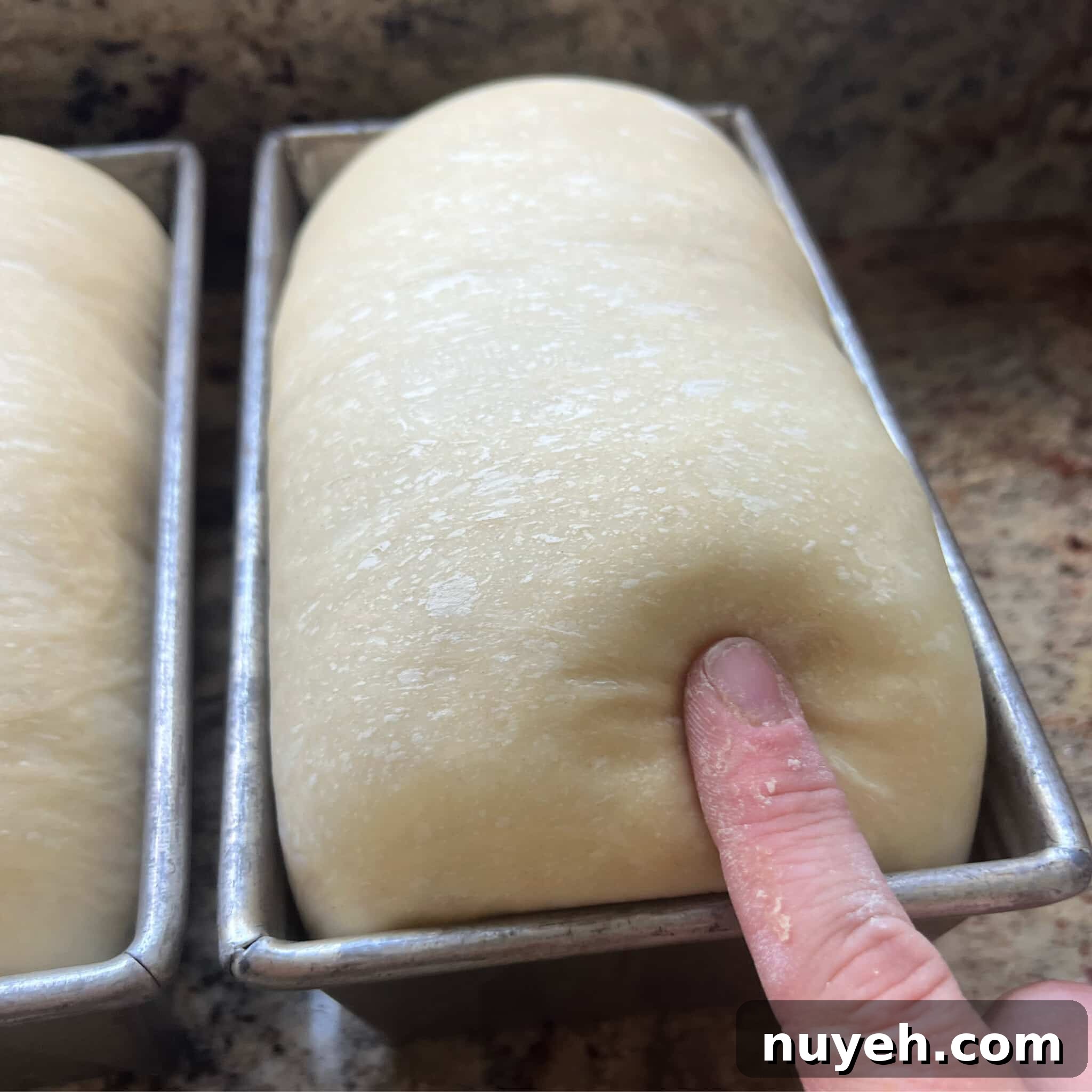 Finger poking into the bread dough.