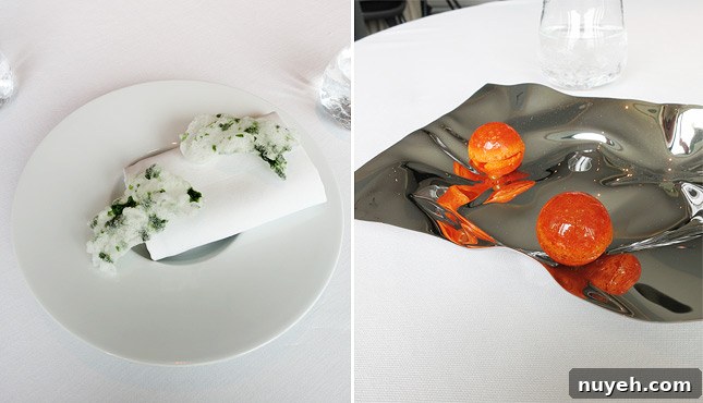 Left: 1st course, Seaweed Potato Chips / Right: 2nd course, Candied Carrot Shell Filled with Seabuckthorn Foam, at Geranium Restaurant, Copenhagen / FoodNouveau.com