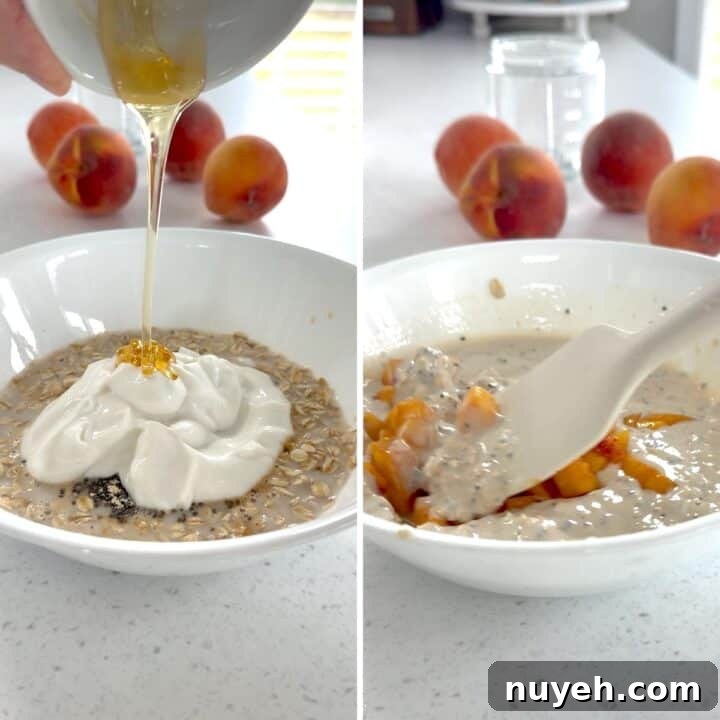 Mixing the overnight peach oats then folding in the fresh peaches.