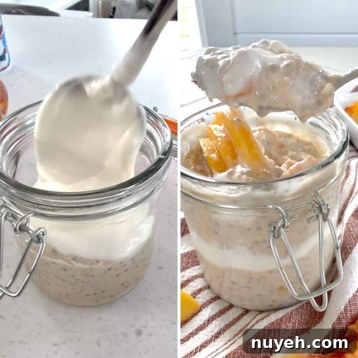 Layering the peaches and cream overnight oats in a jar with yogurt and peaches.