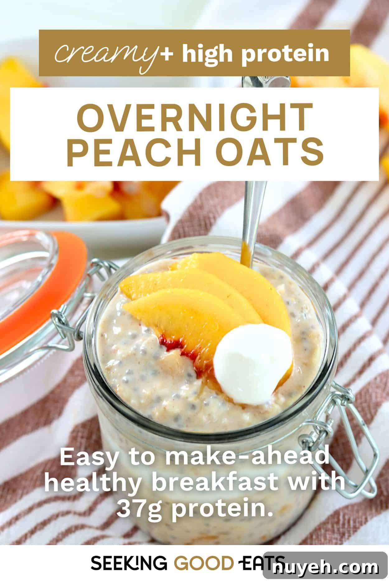 Pinterest pin with the words cream and high protein overnight peach oats.