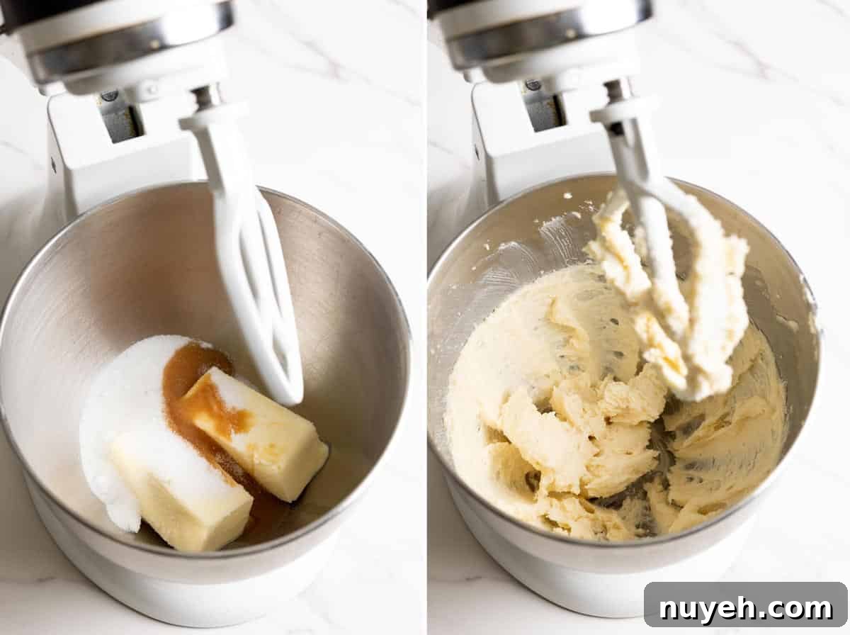 Butter, sugar and vanilla are creamed together in a stand mixer.