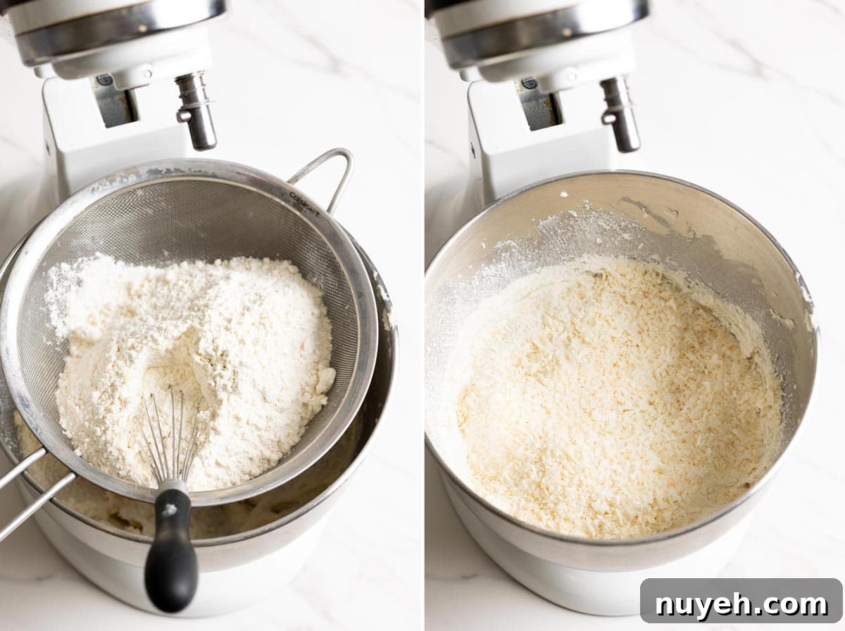Adding dry ingredients to make coconut shortbread cookie dough.