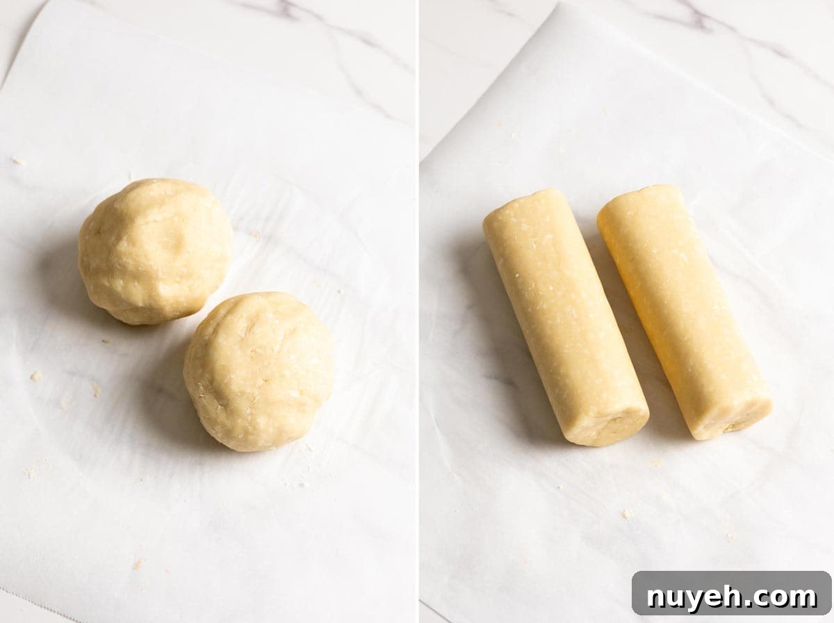 Two dough balls are formed and then rolled into two logs.
