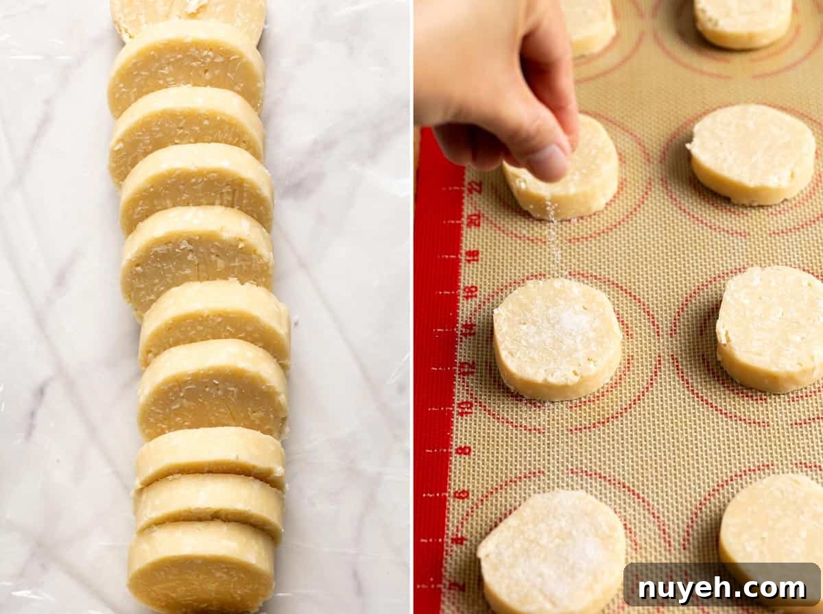 Coconut shortbread dough is cut, placed on a baking sheet, and sprinkled with granulated sugar.