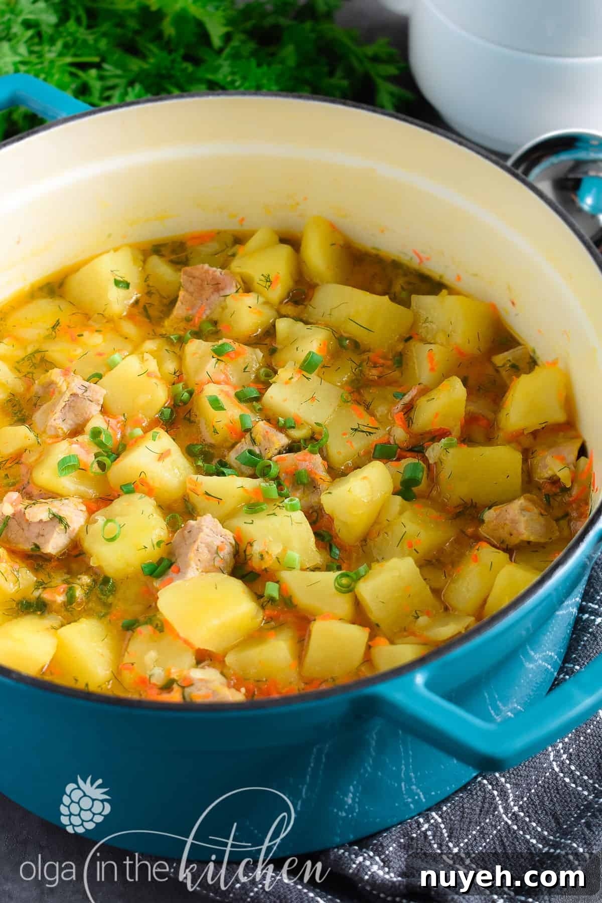 One-Pot Braised Pork and Potatoes 2 Braised Potatoes with Pork: chunks of potatoes and tender-juicy meat coated in sauce that is created from carrots, onions and potato starch.
