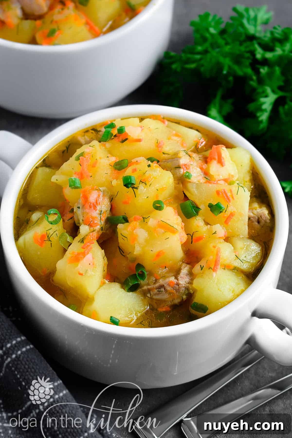 One-Pot Braised Pork and Potatoes 3 Braised Potatoes with Pork: chunks of potatoes and tender-juicy meat coated in sauce that is created from carrots, onions and potato starch.