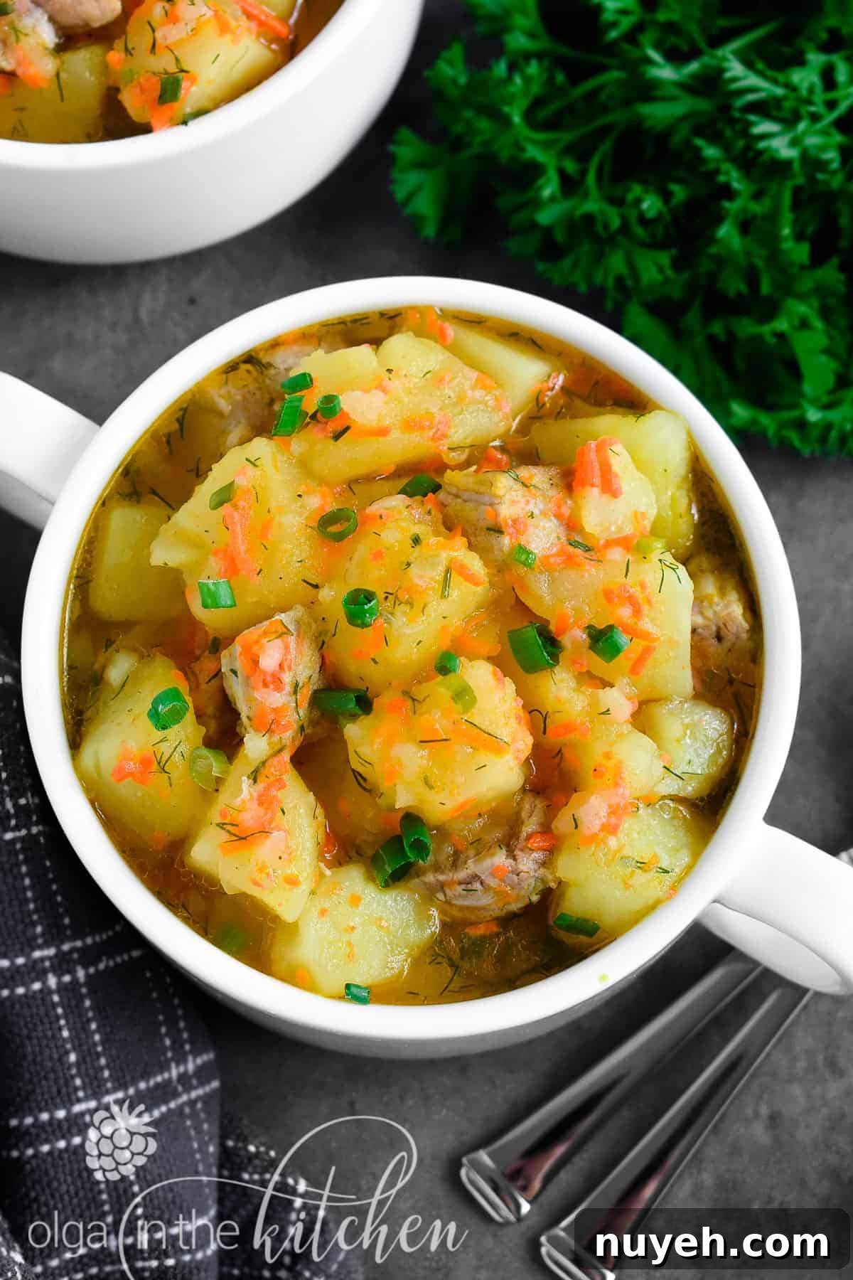 One-Pot Braised Pork and Potatoes 5 Braised Potatoes with Pork: chunks of potatoes and tender-juicy meat coated in sauce that is created from carrots, onions and potato starch.