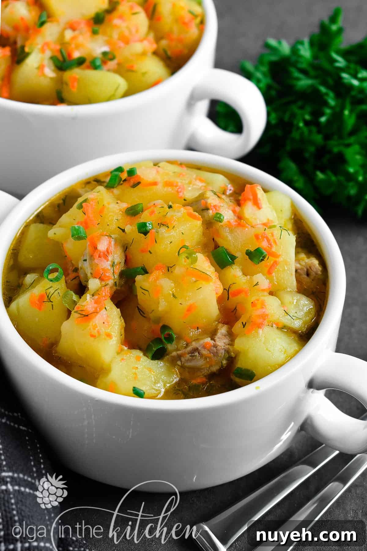 One-Pot Braised Pork and Potatoes 6 Braised Potatoes with Pork: chunks of potatoes and tender-juicy meat coated in sauce that is created from carrots, onions and potato starch.