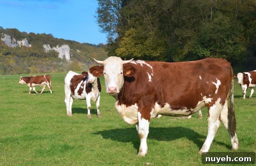 brown and white cows in a vibrant green pasture. 