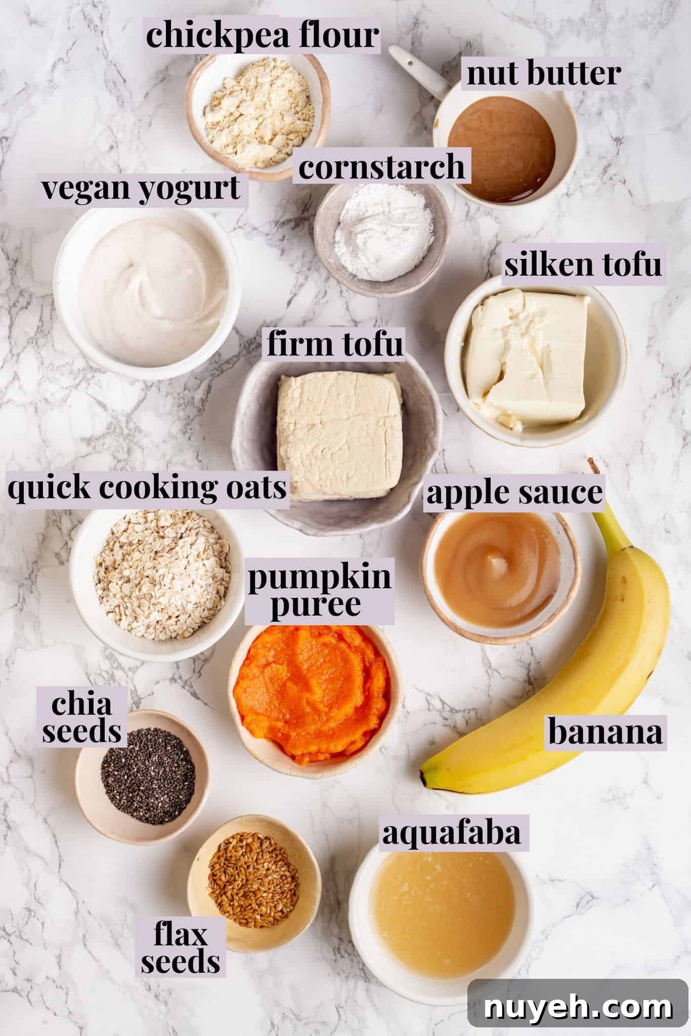 Here are the best vegan egg substitutes for baking and cooking! Learn why they work and when (and how) to use them. Overhead view of vegan egg substitutes