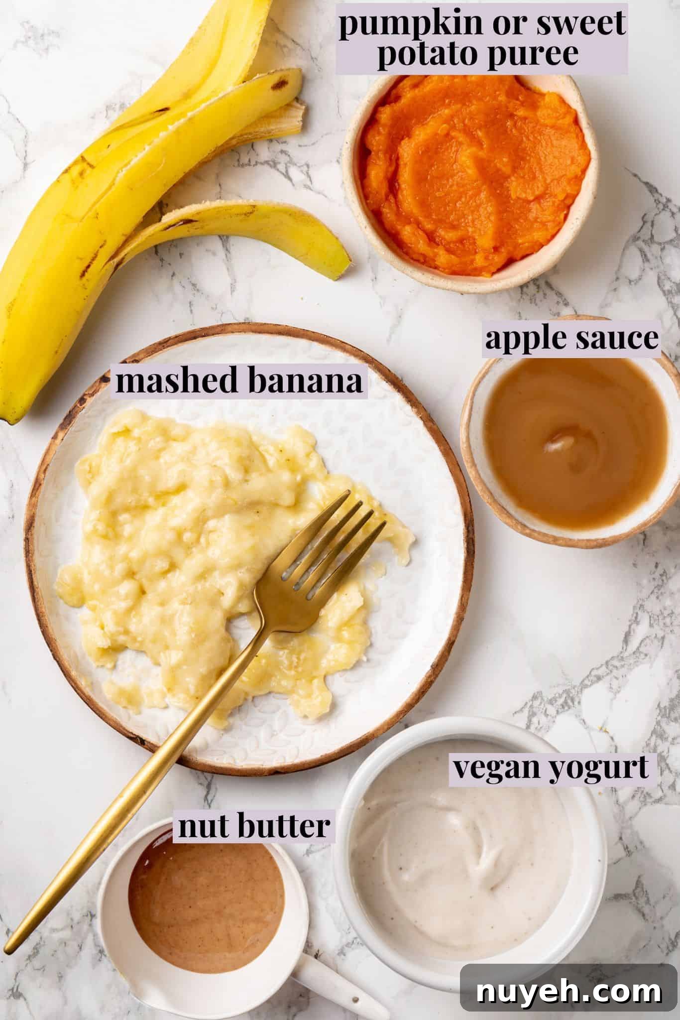 Here are the best vegan egg substitutes for baking and cooking! Learn why they work and when (and how) to use them. Overhead view of vegan egg substitutes for baking, including mashed banana, pumpkin puree, and applesauce