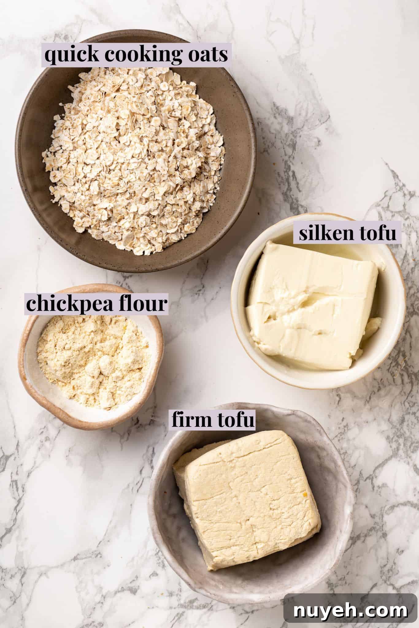 Here are the best vegan egg substitutes for baking and cooking! Learn why they work and when (and how) to use them. Overhead view of eggs, firm tofu, silken tofu, and chickpea flour