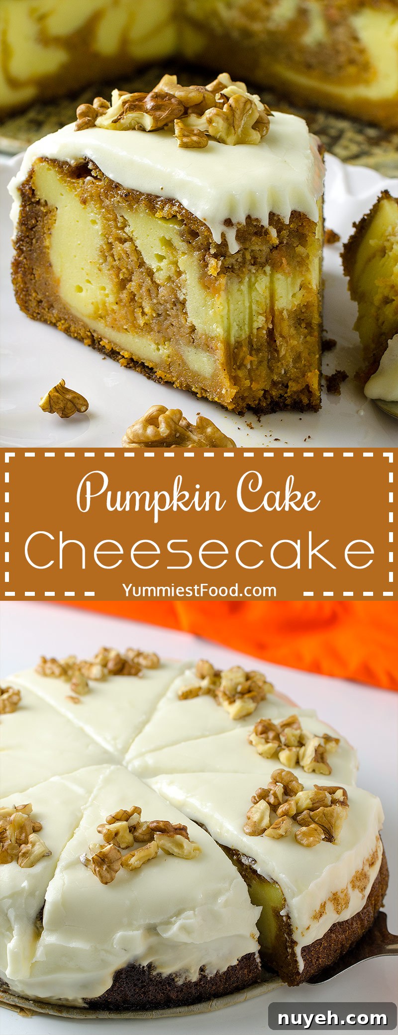PUMPKIN CAKE CHEESECAKE - No Thanksgiving table is complete without pumpkin cake cheesecake. This perfect recipe is soft, moist, delicious and so very good. The perfect dessert for your Thanksgiving dinner party.