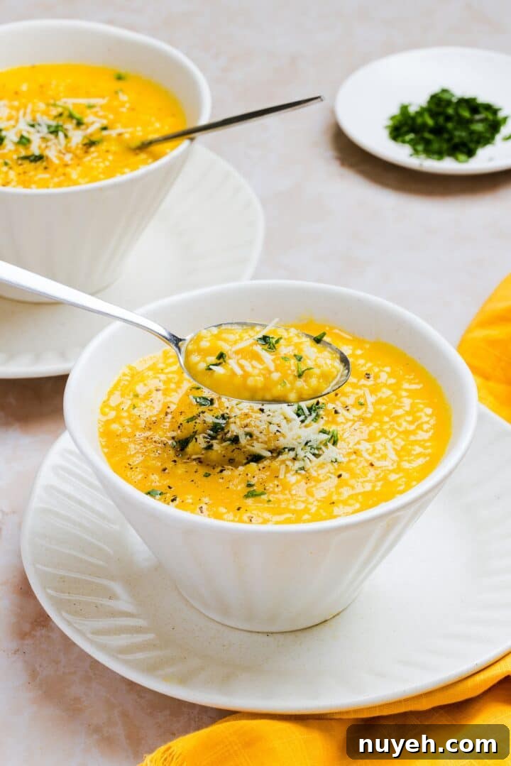 Plated Italian pencillin soup with pastina in white serving bowls