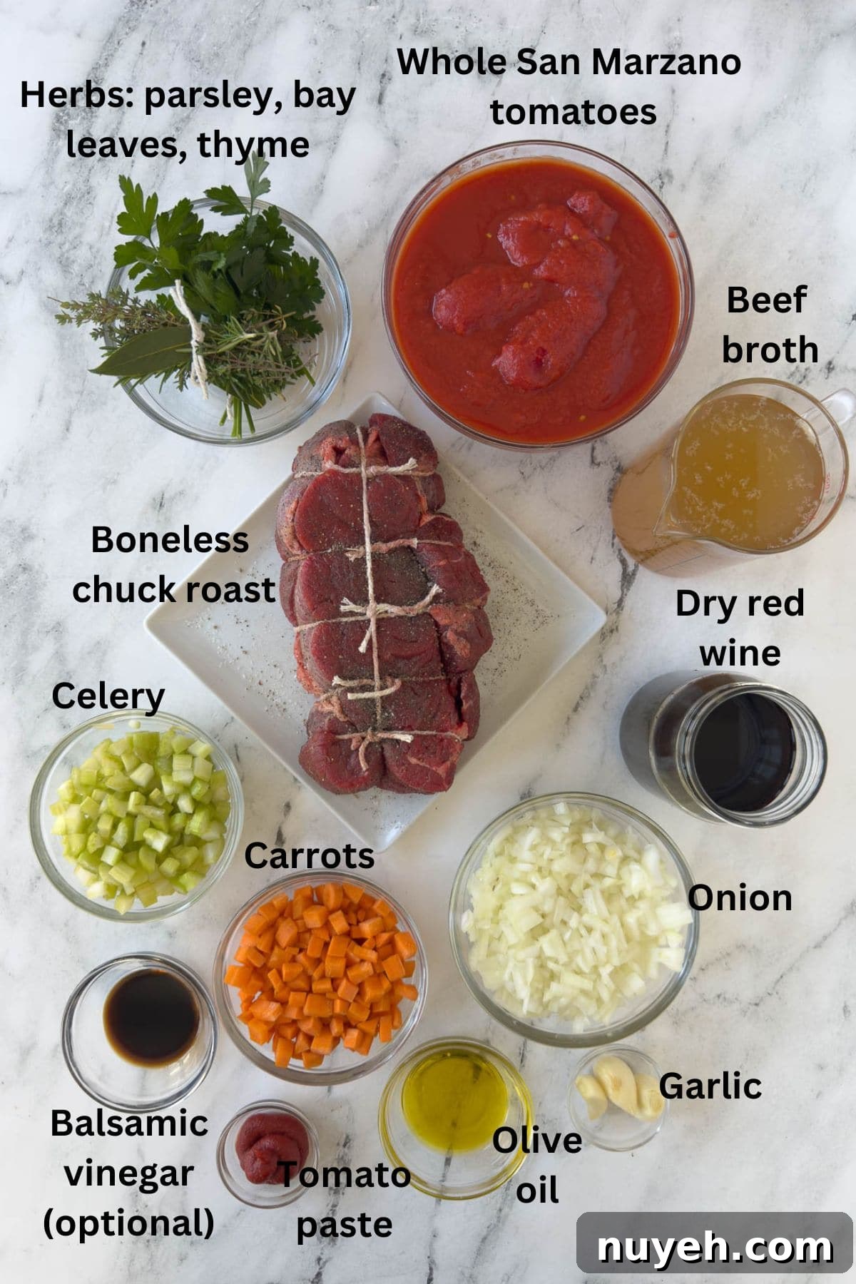 Ingredients for Italian stracotto (pot roast) in prep bowls on the kitchen counter.