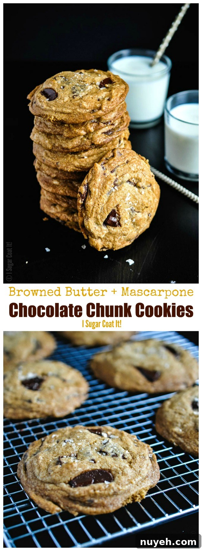 Browned Butter Mascarpone Chocolate Chunk Cookies flaunt perfectly crisp edges and a melt-in-your-mouth, chewy center, stuffed with dark chocolate chunks.