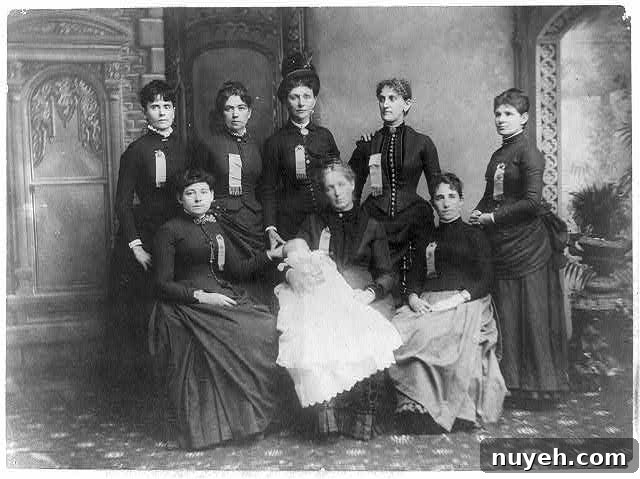 Black and white photo of 9 women from 1880's