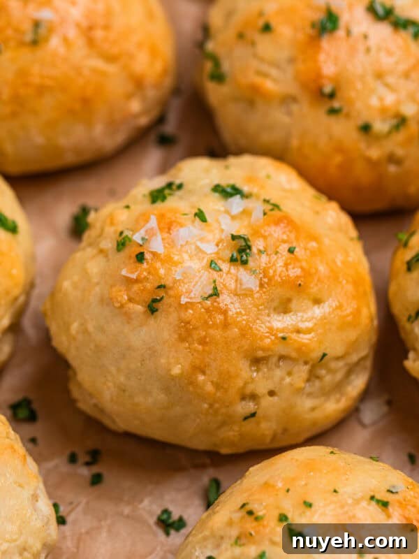 Greek yogurt yeast free dinner rolls topped with garlic butter and parsley.