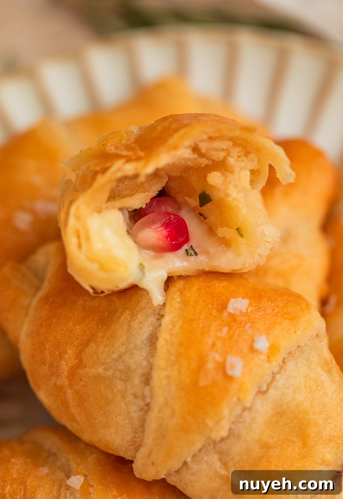 Halved crescent roll with cheese and pomegranate inside.