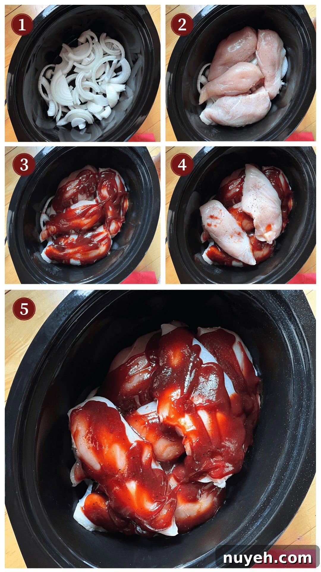 A sequence of images showing steps to prepare BBQ chicken: 1) sliced onions placed in a black slow cooker, 2) raw chicken breasts atop onions, 3) chicken coated with BBQ sauce, 4) another angle of BBQ sauce-coated chicken, 5) a final top view of BBQ sauce smothered chicken ready to cook.