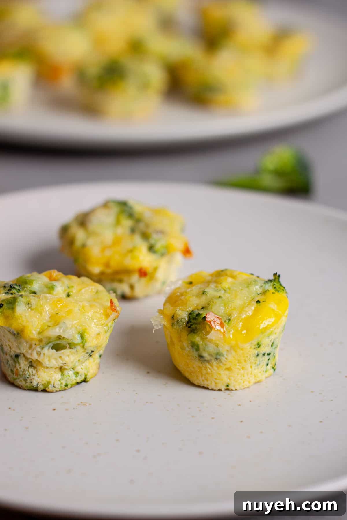 A small plate of mini broccoli and cheddar egg bites with more in the background.