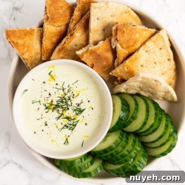 a top down view of whipped feta dip with pita and cucumber
