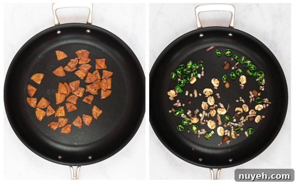 a photo collage of pizza toppings roasting in a skillet.