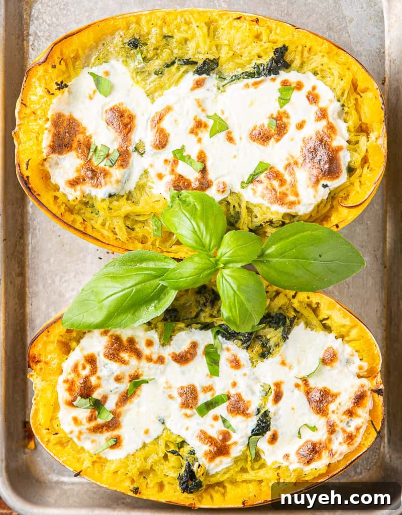 Pesto spaghetti squash with spinach and mozzarella