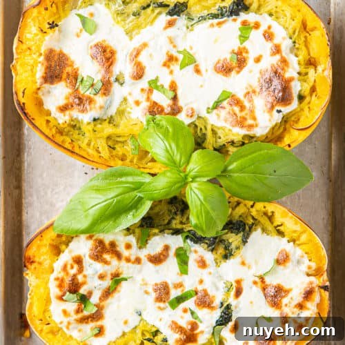 Pesto Spaghetti Squash with Spinach and Mozzarella