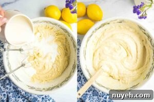 Two bowls during different stages of batter preparation for lemon bread, one with wet ingredients and one with the batter after dry ingredients have been mixed in.