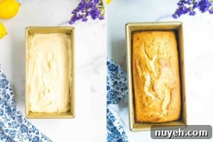 A loaf pan filled with raw lemon bread batter, ready to be baked, next to a flower-patterned cloth and fresh lemons.