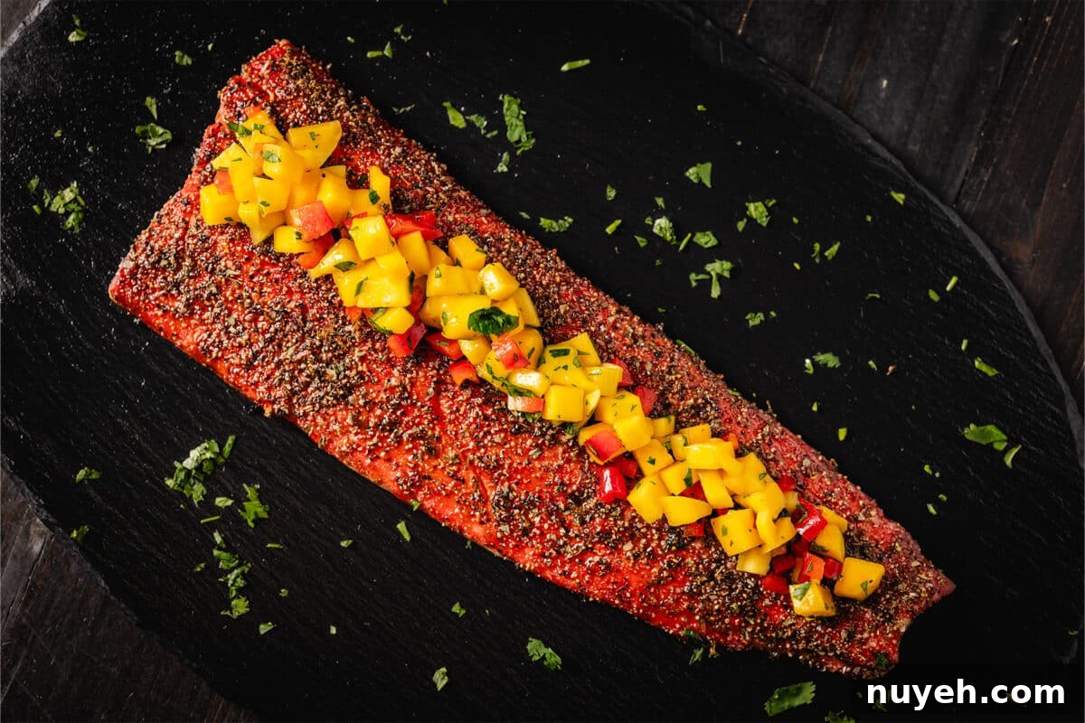 An overhead shot of a smoked salmon fillet topped with salsa resting on a dark surface.